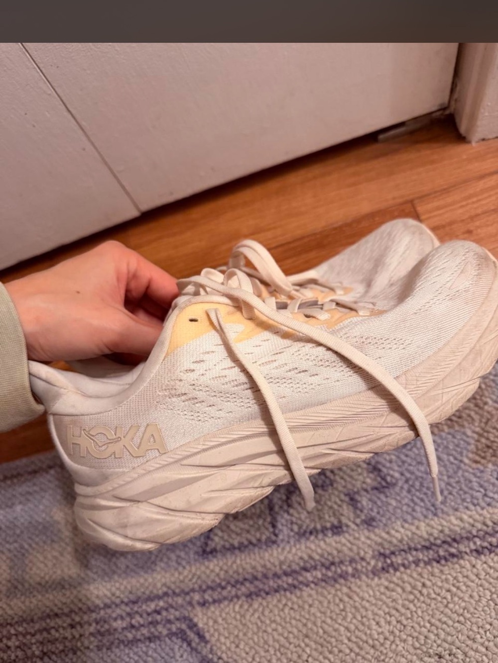 Hoka Women's Off-White Athletic Running Shoes with Pale Yellow Accent